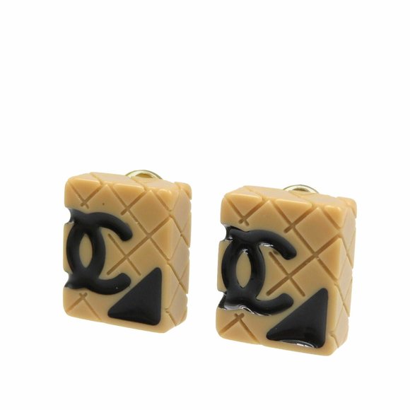 Chanel Cambon Line Coco Mark Plastic GP Beige Black Earrings 0171CHANEL - Picture 1 of 5